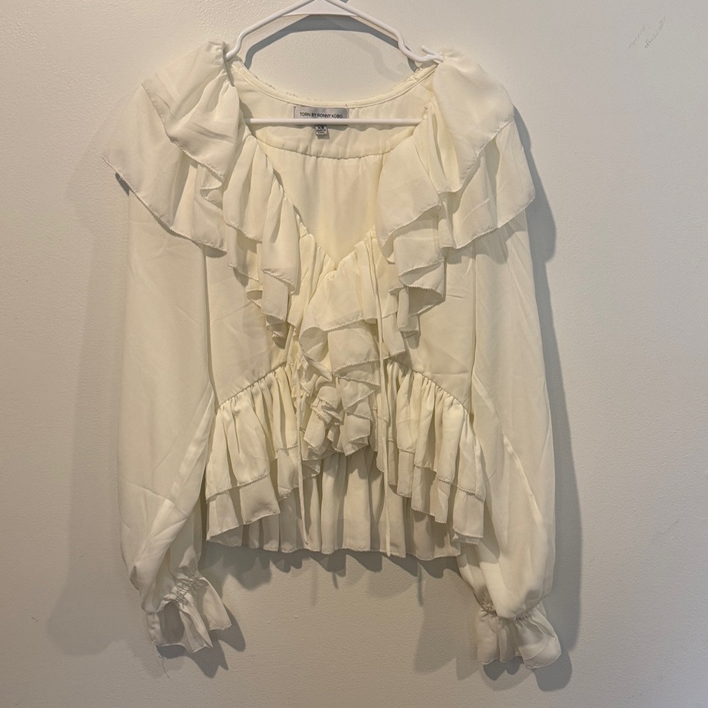 Torn by Ronny Kobo Cream Ruffled Blouse